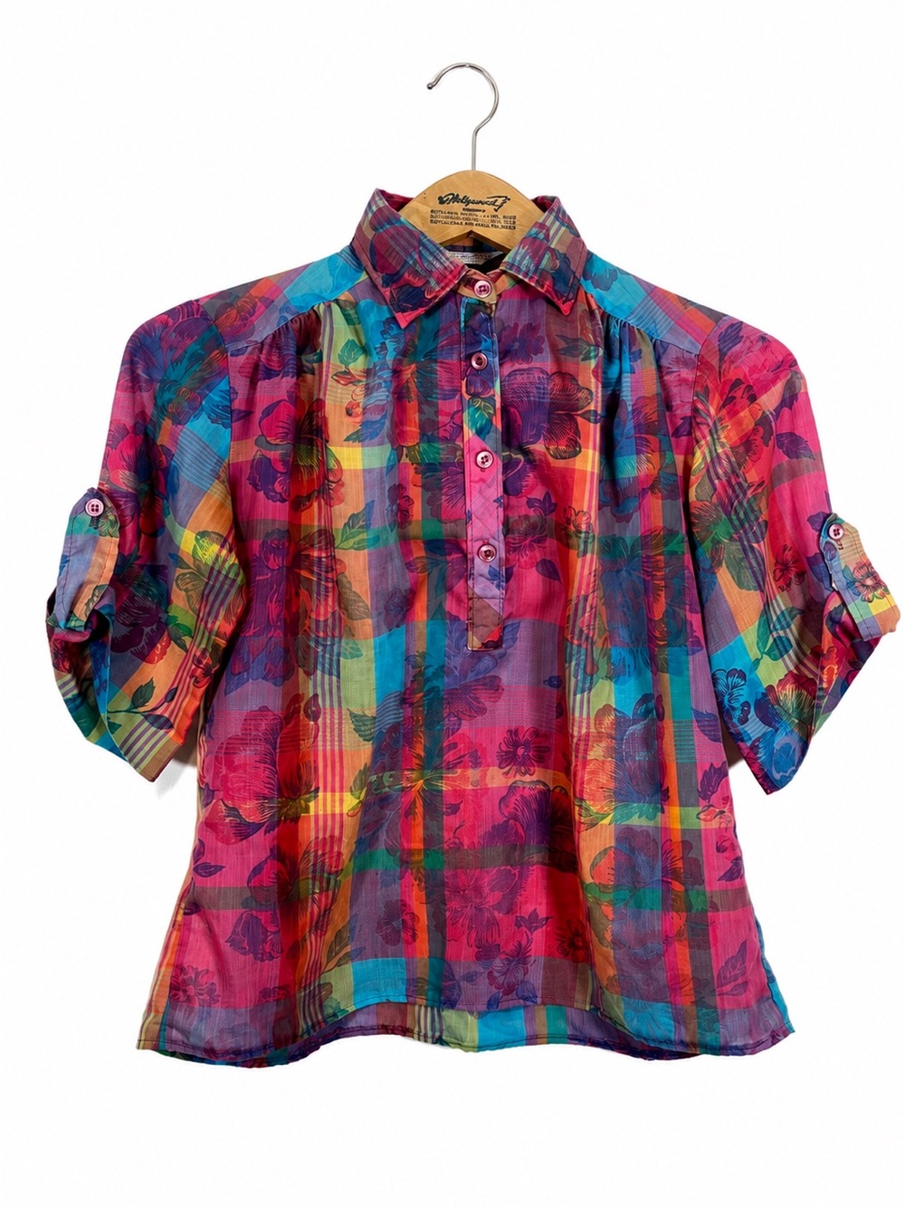 Vintage 70s Miss Fashionality Rainbow Floral Plaid Short Sleeve Blouse XS